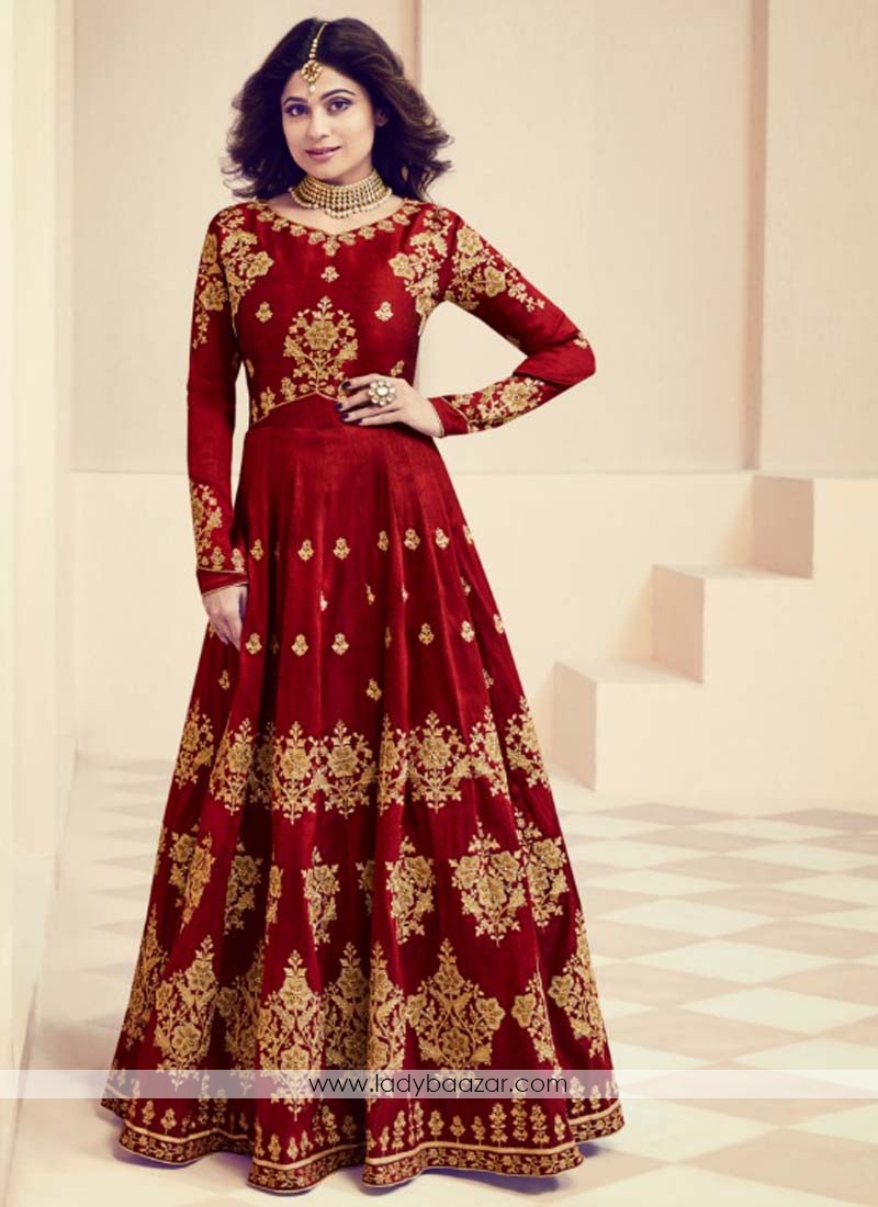 Shamita Shetty Maroon Color Floor Length Anarkali Suit