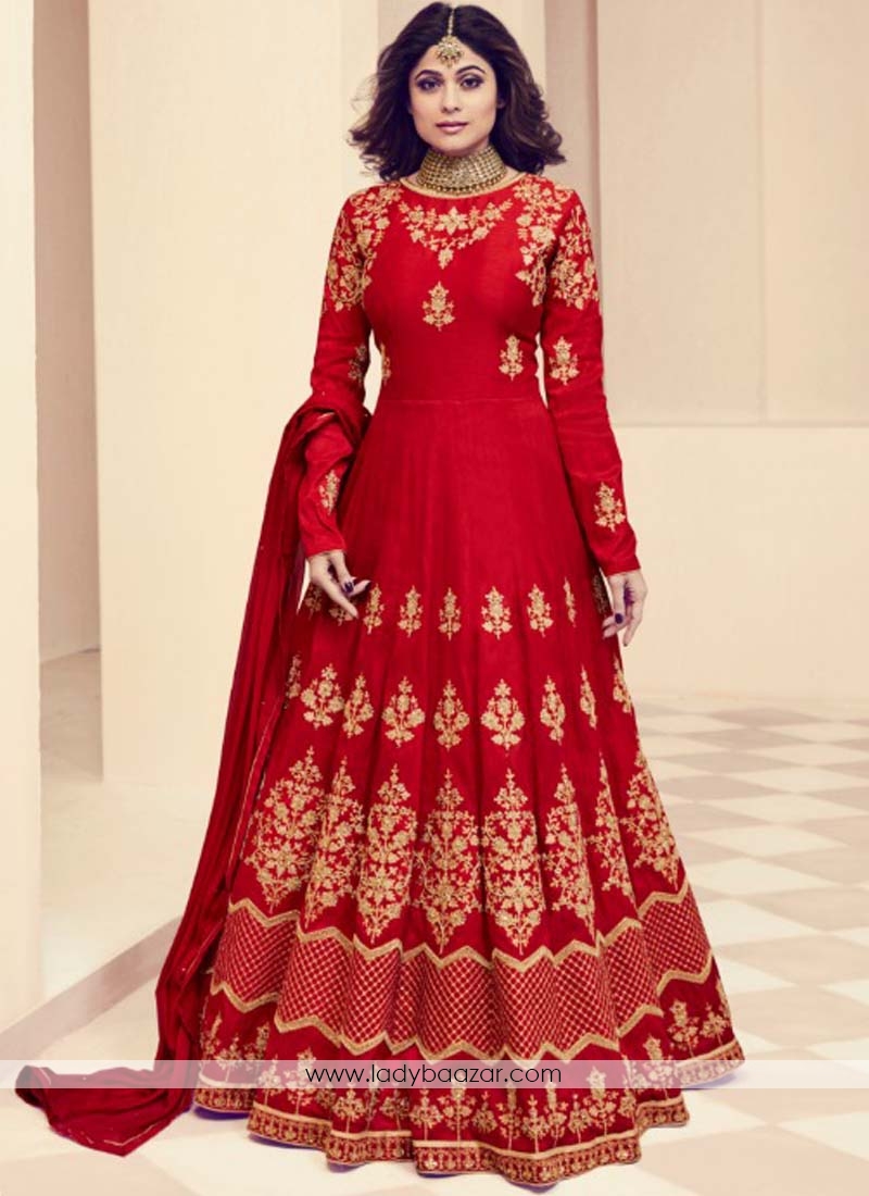 Shamita Shetty Red Resham Work Floor Length Anarkali Suit