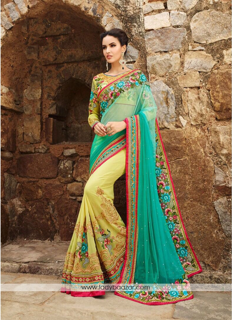 Sightly Embroidered Work Designer Half N Half Saree