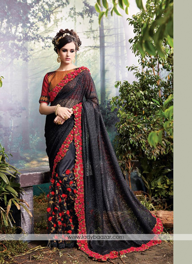 Sightly Embroidery Work Black Designer Saree