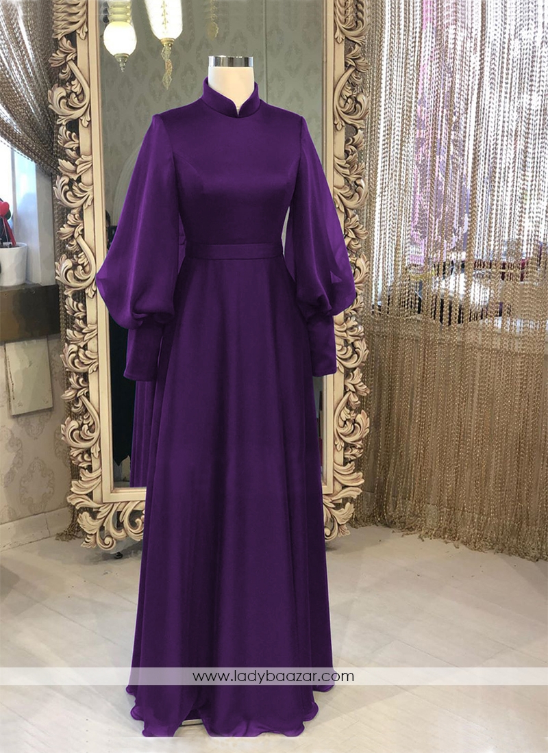 Simple And Elegant Purple Georgette Silk  Long Ready Made Designer Gown