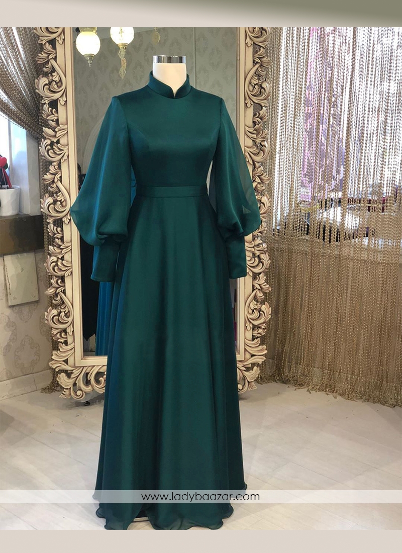 Simple And Elegant Dark Green Georgette Silk Long Ready Made Designer Gown