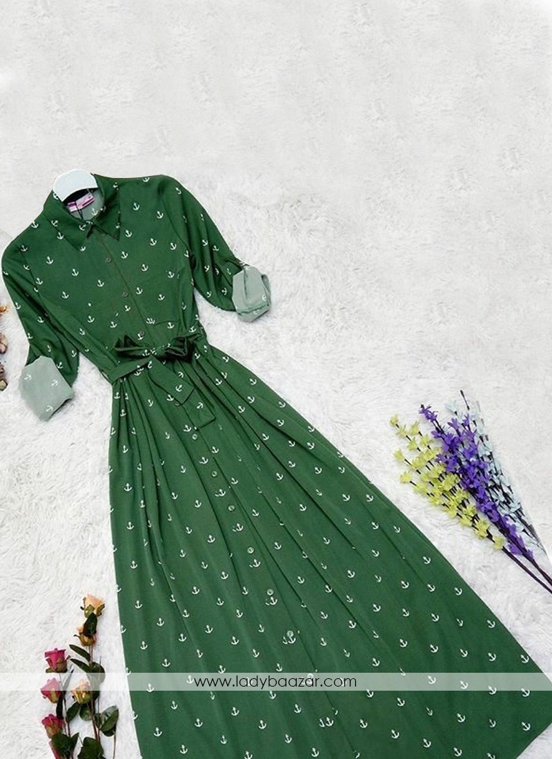 Simplistic Cotton Twill Green Colour Digital Print Party Wear Gown Style Western Ware