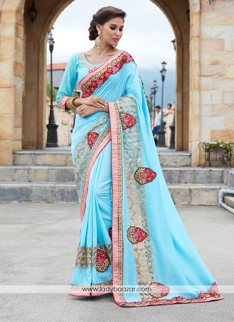 Sky Blue Satin Silk Embroidery  Saree