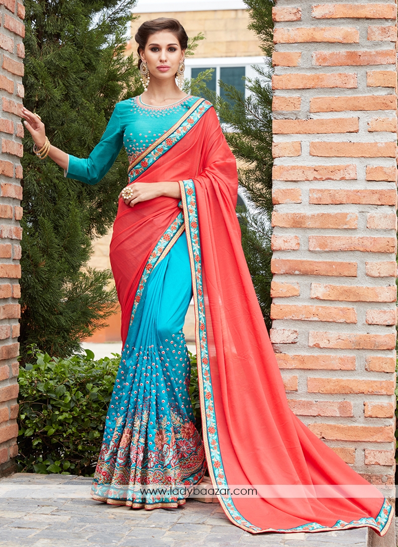 Sky Blue with Red Banglori Silk  Embroidery Saree