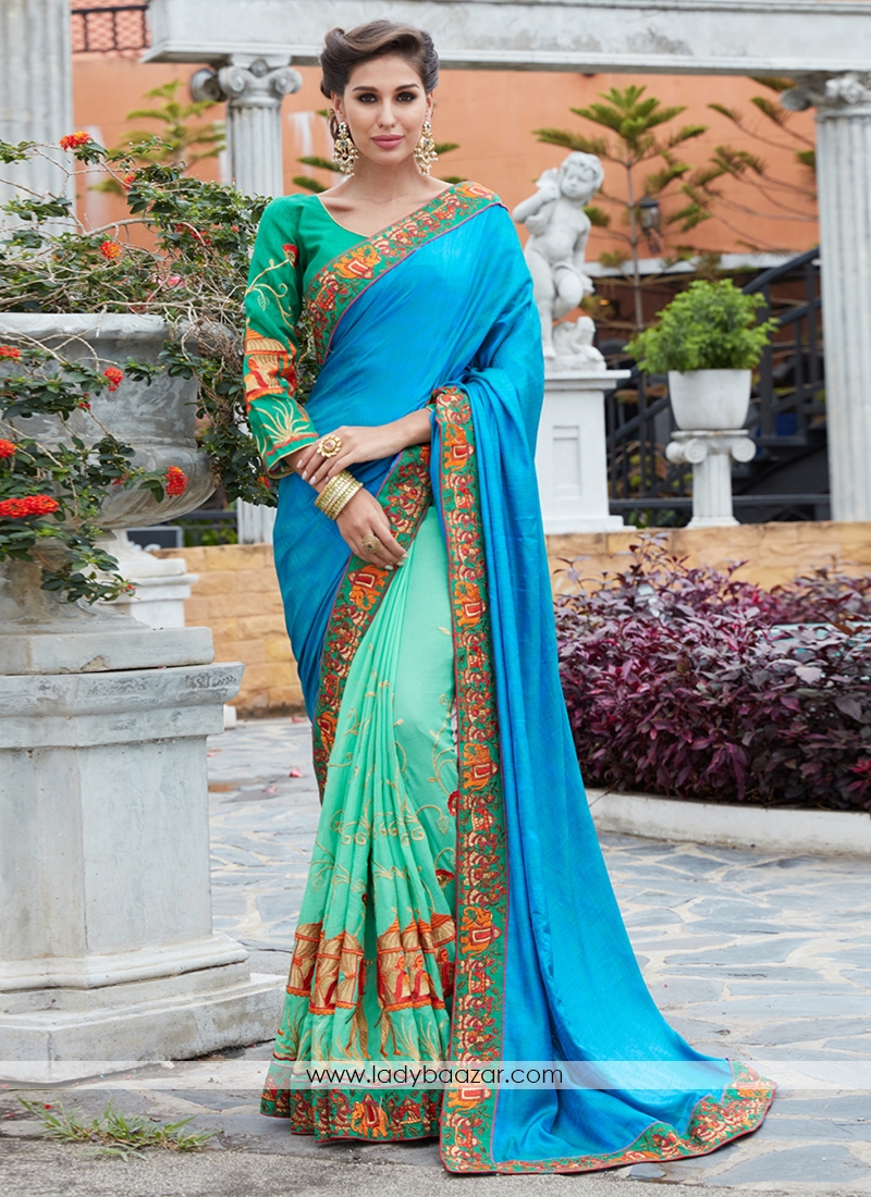 Sky Blue With Turquoise Vishetra Silk Embroidery Saree