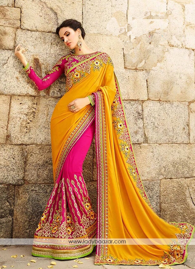 Sonorous Georgette Pink With Yellow Embroidery Work Designer Half N Half Saree