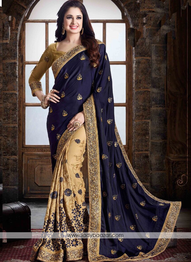 Sonorous Navy  Blue With Cream Border Work Designer Half N Half Saree