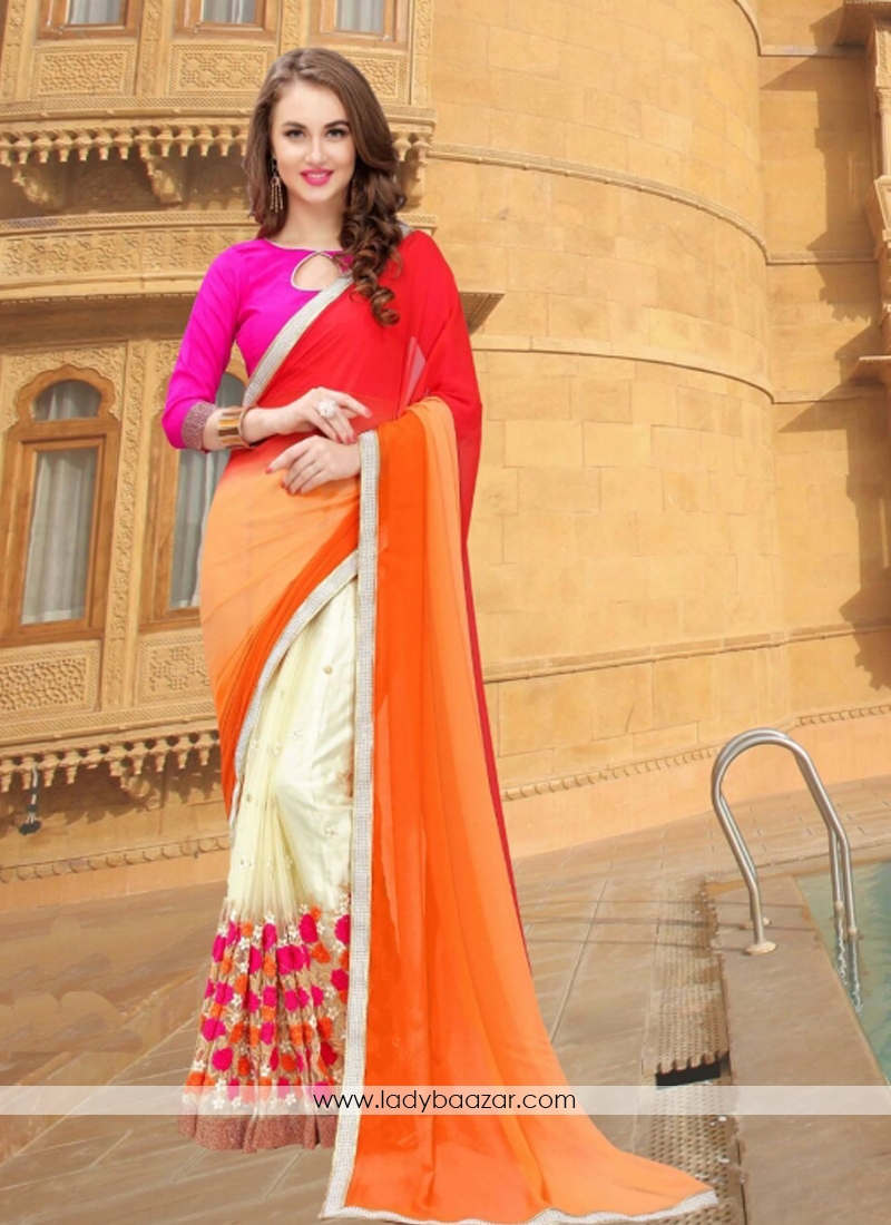 Sparkling Embroidery Work Georgette Designer Half N Half Saree