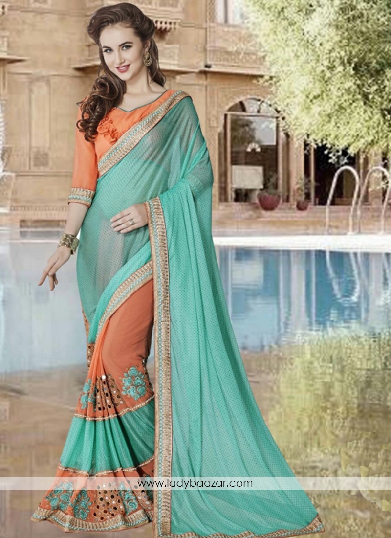 Sparkling Embroidery Work Lycra With Georgette Half N Half Saree