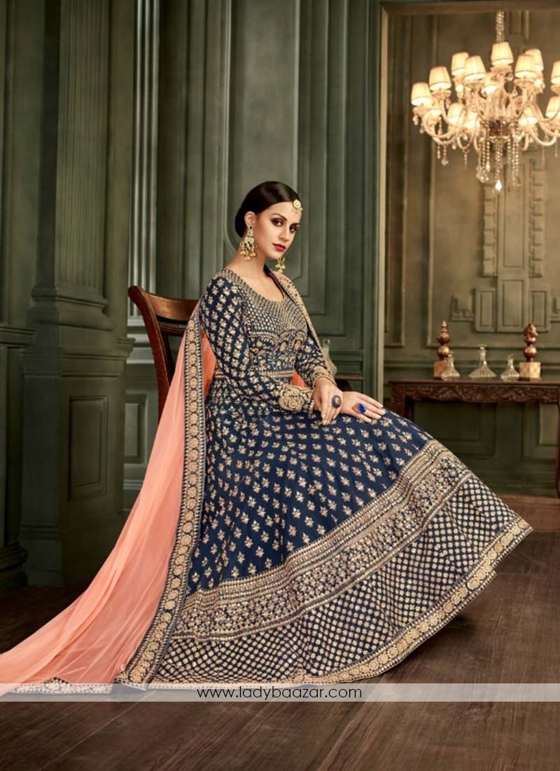 Splendid Blue Mullburry Silk Floor Length Anarkali Suit