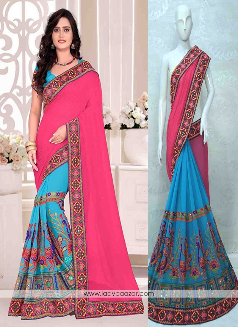 Staggering Hand Embroidery Blue And Pink Georgette Saree