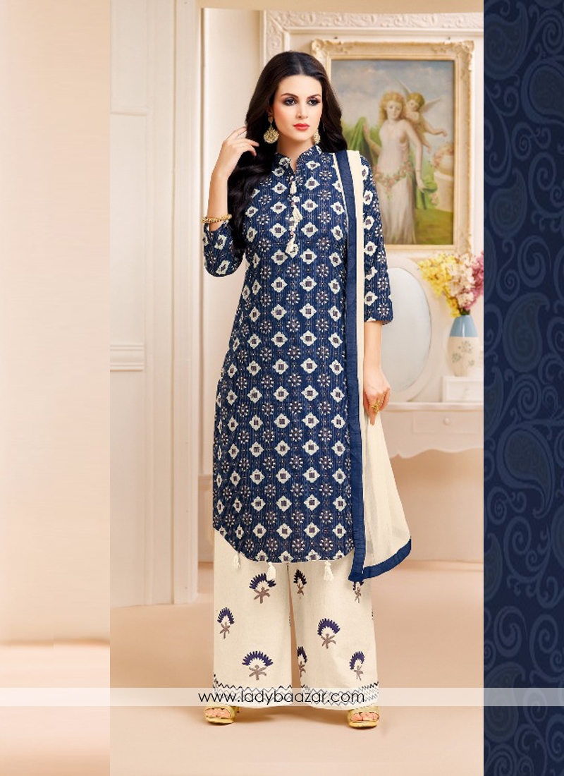 Staggering Navy Blue Lawn Printed Palazzo Salwar Suit