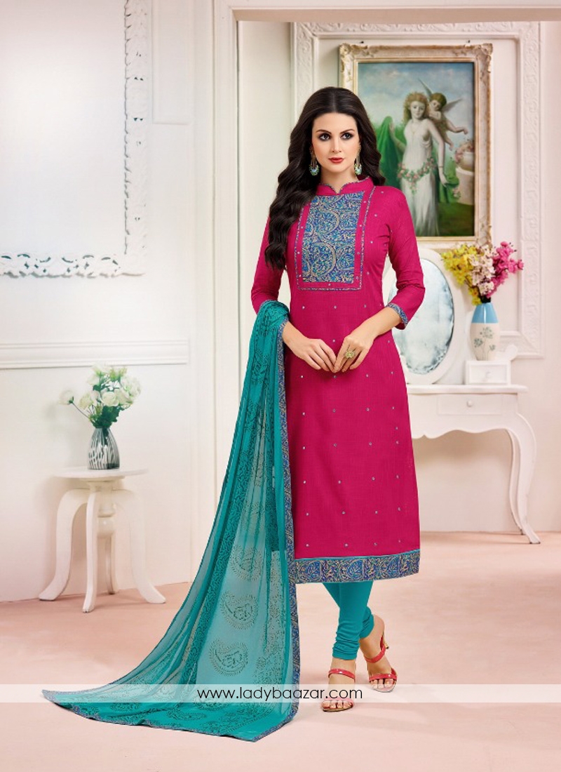 Staggering Red Cotton Embroidery Work Salwar Suit