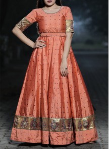 Staring Orange - Peach Colored Festive Wear Woven Tapetta Silk Gown