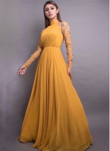 Stunning Mustard-colored  8 Meter Flared Maxi Gown With Embellished Sleeves.