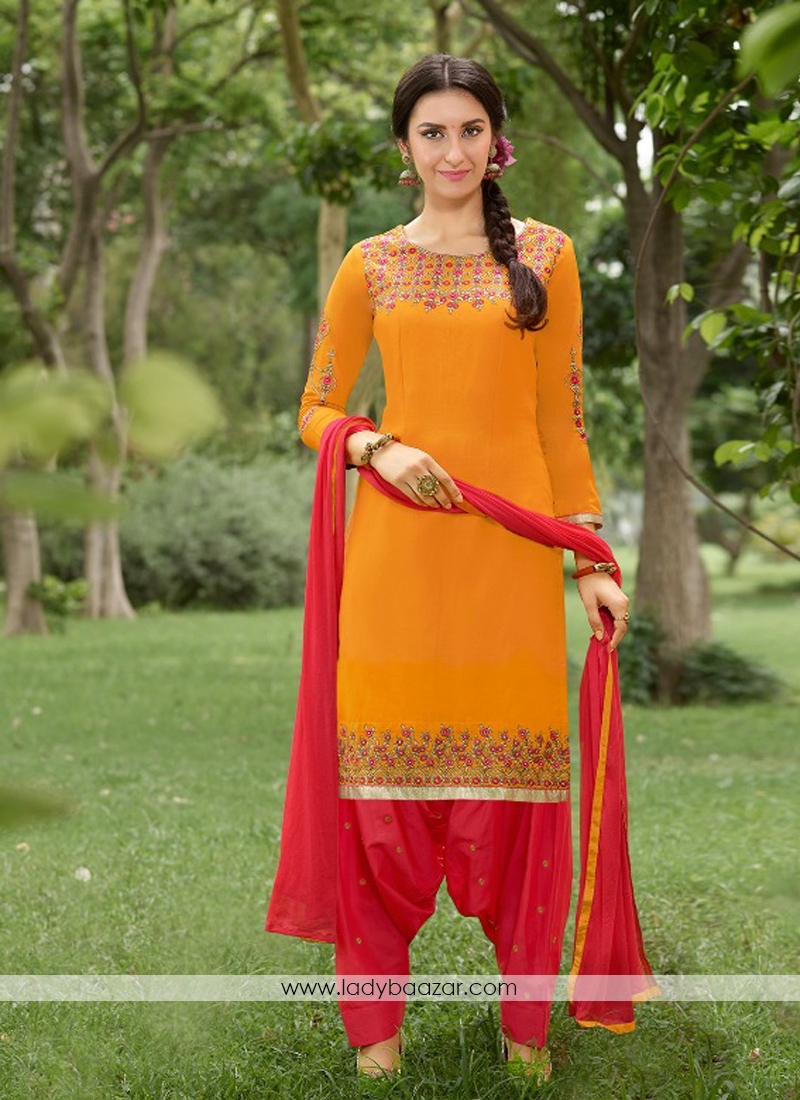 Stunning Red With orange Embroidery Work Patiyala Suit