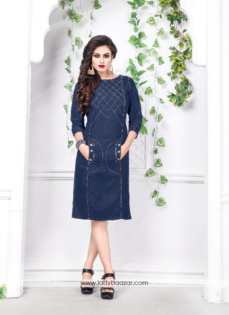 Stylish Denim Print Work Party Wear Kurti