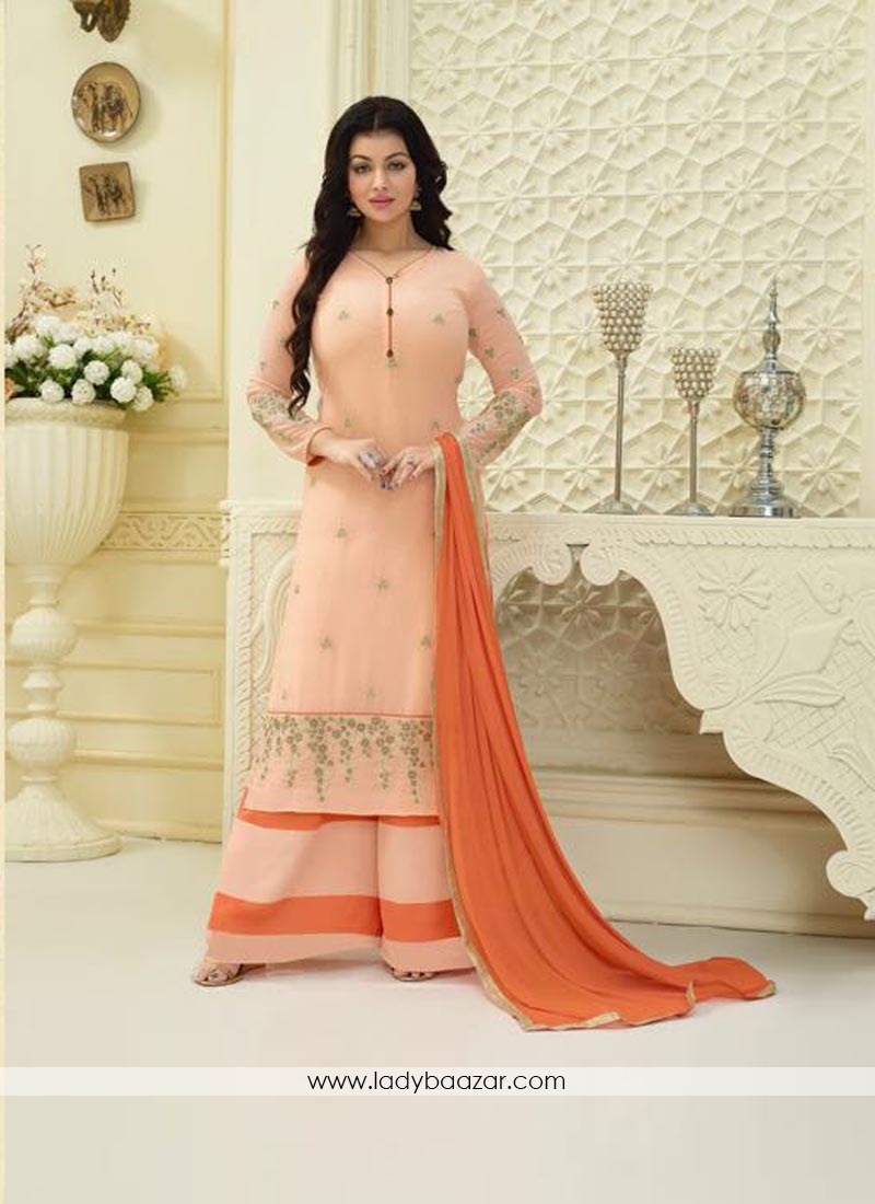 Suave Faux Georgette Peach Embroidery Work Palazzo Salwar Suit