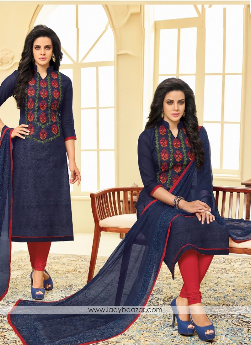 Subtle Navy Blue Chanderi Embroidery Work Churidar Salwar Kameez