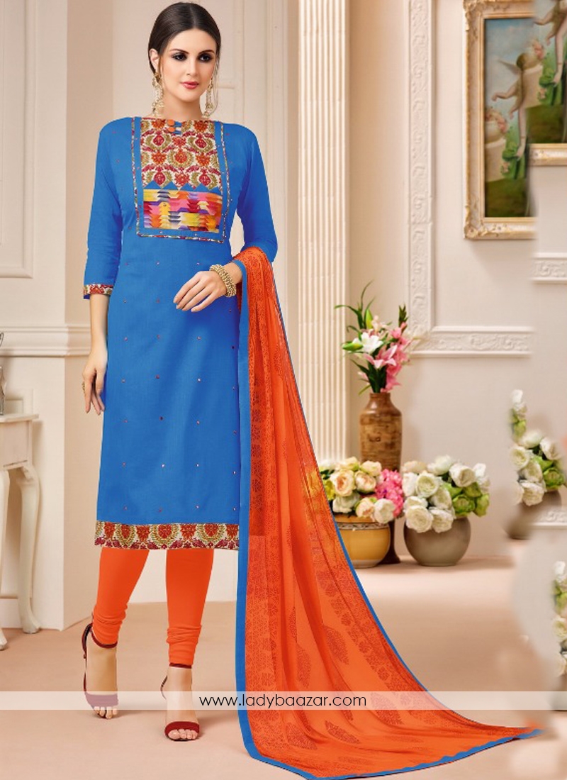 Sumptuous  Blue Cotton Embroidery Work Salwar Suit