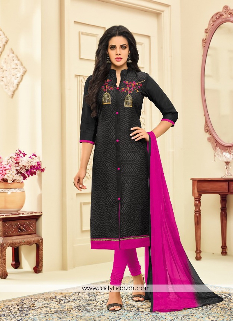 Sumptuous Chanderi Black Embroidery Work Churidar Dress