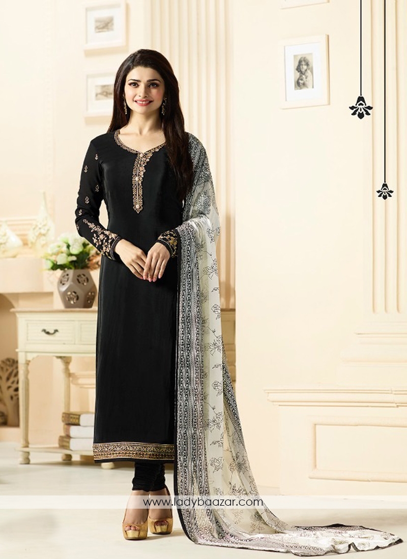 Superlative Black Embroidery Crepe Salwar Suit