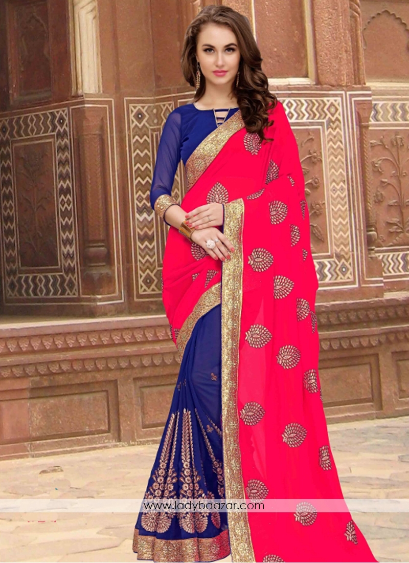 Superlative Embroidered Work Dark Pink And Blue Half N Half Designer Saree