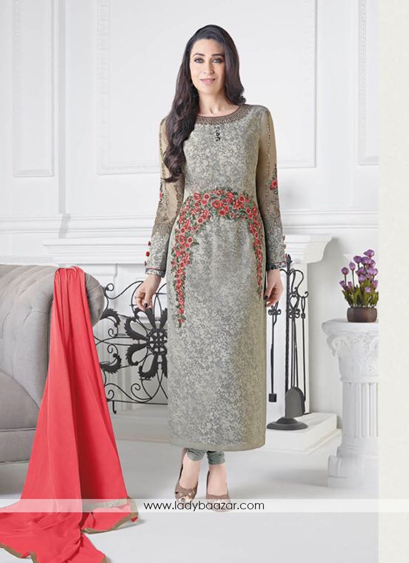 Superlative Grey Crepe Embroidery Work Salwar Kameez