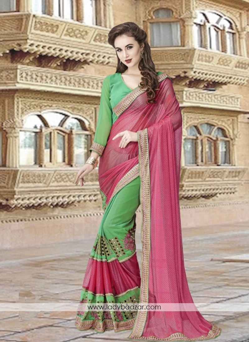 Surpassing Lycra With Georgette Pink With Green Half N Half Designer Saree