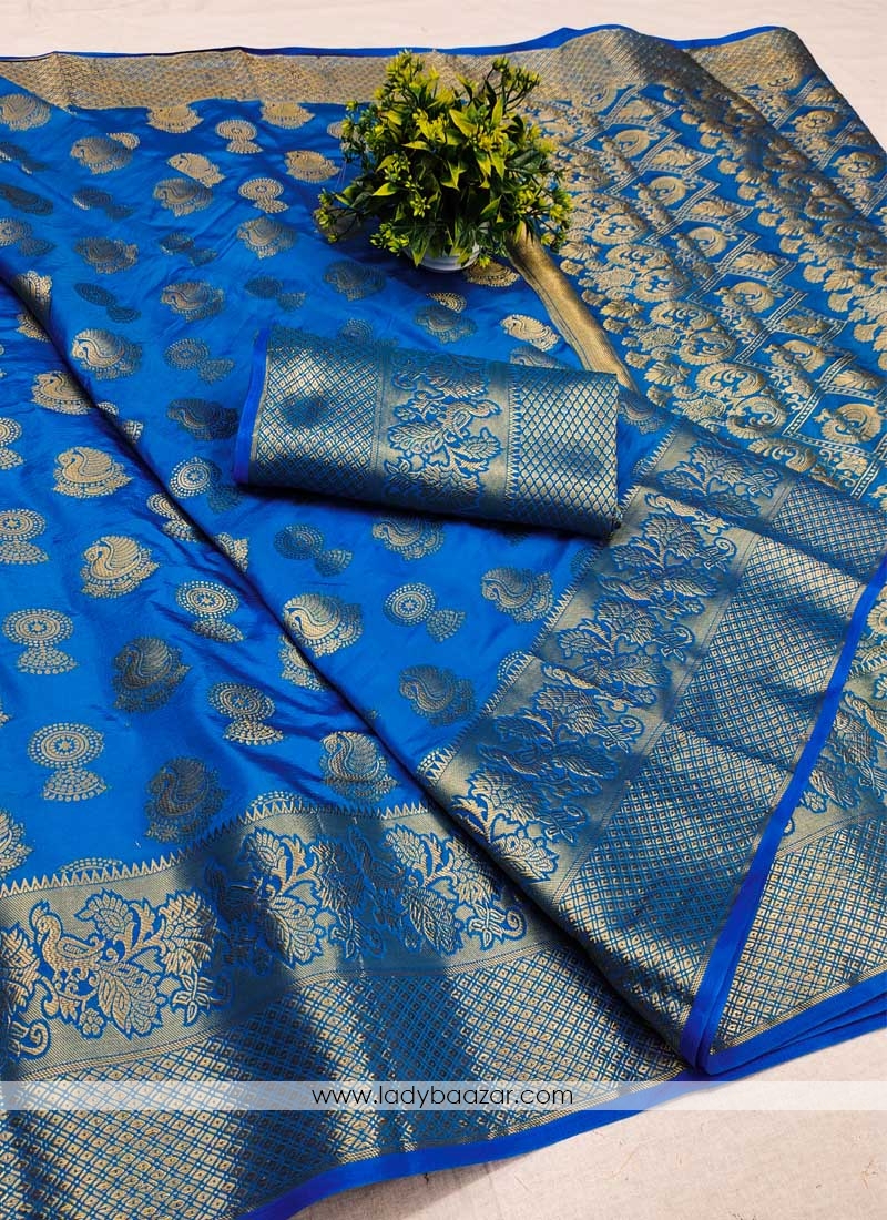 Teal Festive Wear Woven Silk Saree