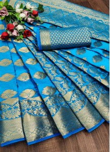 Teal Festive Wear Woven Silk Saree