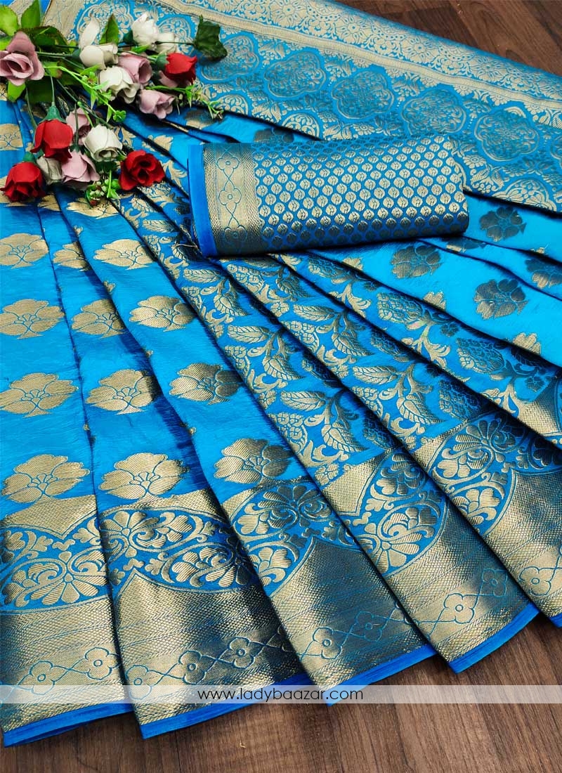 Teal Festive Wear Woven Silk Saree