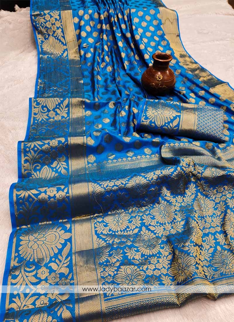 Teal Festive Wear Woven Silk Saree