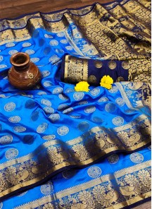 Teal Festive Wear Woven Silk Saree