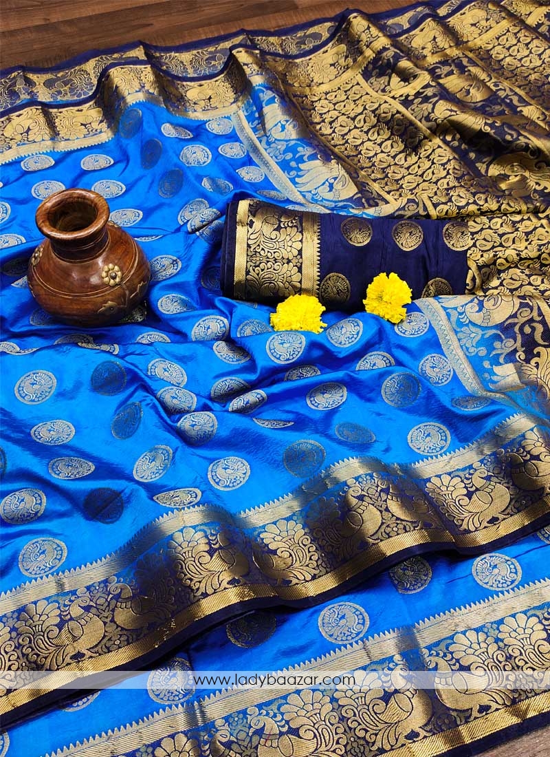 Teal Festive Wear Woven Silk Saree