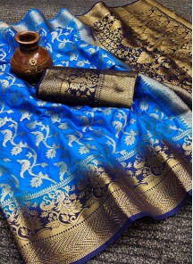 Teal Festive Wear Woven Silk Saree