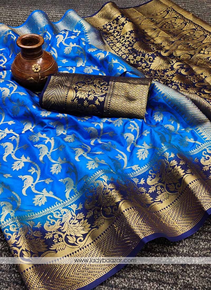 Teal Festive Wear Woven Silk Saree