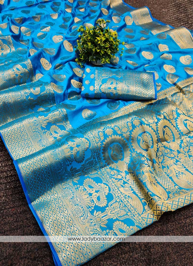 Teal Festive Wear Woven Silk Saree