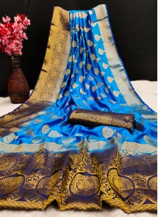 Teal Festive Wear Woven Silk Saree