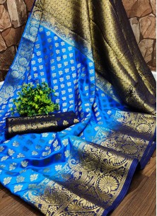 Teal Festive Wear Woven Silk Saree