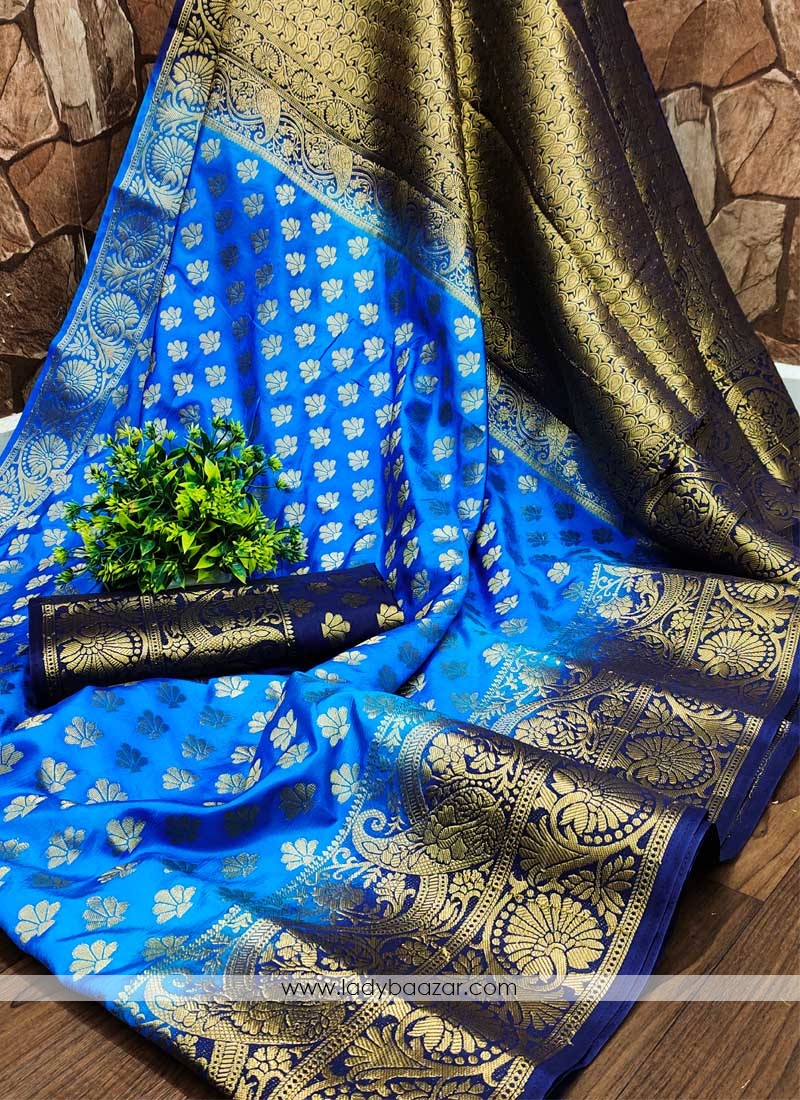 Teal Festive Wear Woven Silk Saree