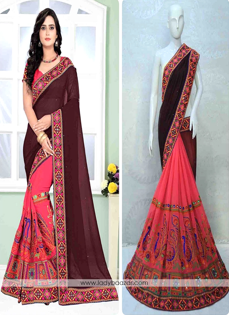 Tempting Georgette Brown And Pink Half N Half Saree