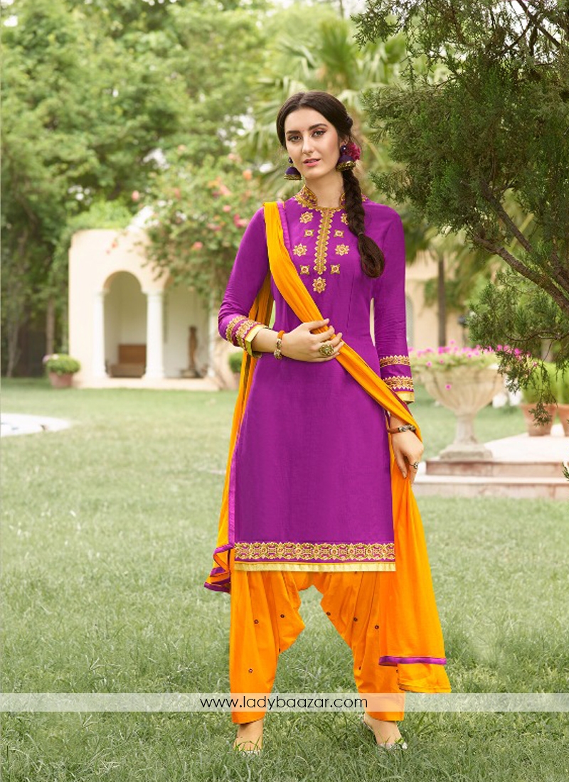 Tiptop Lavender With Orange Cotton Embroidery Work Salwar Suit