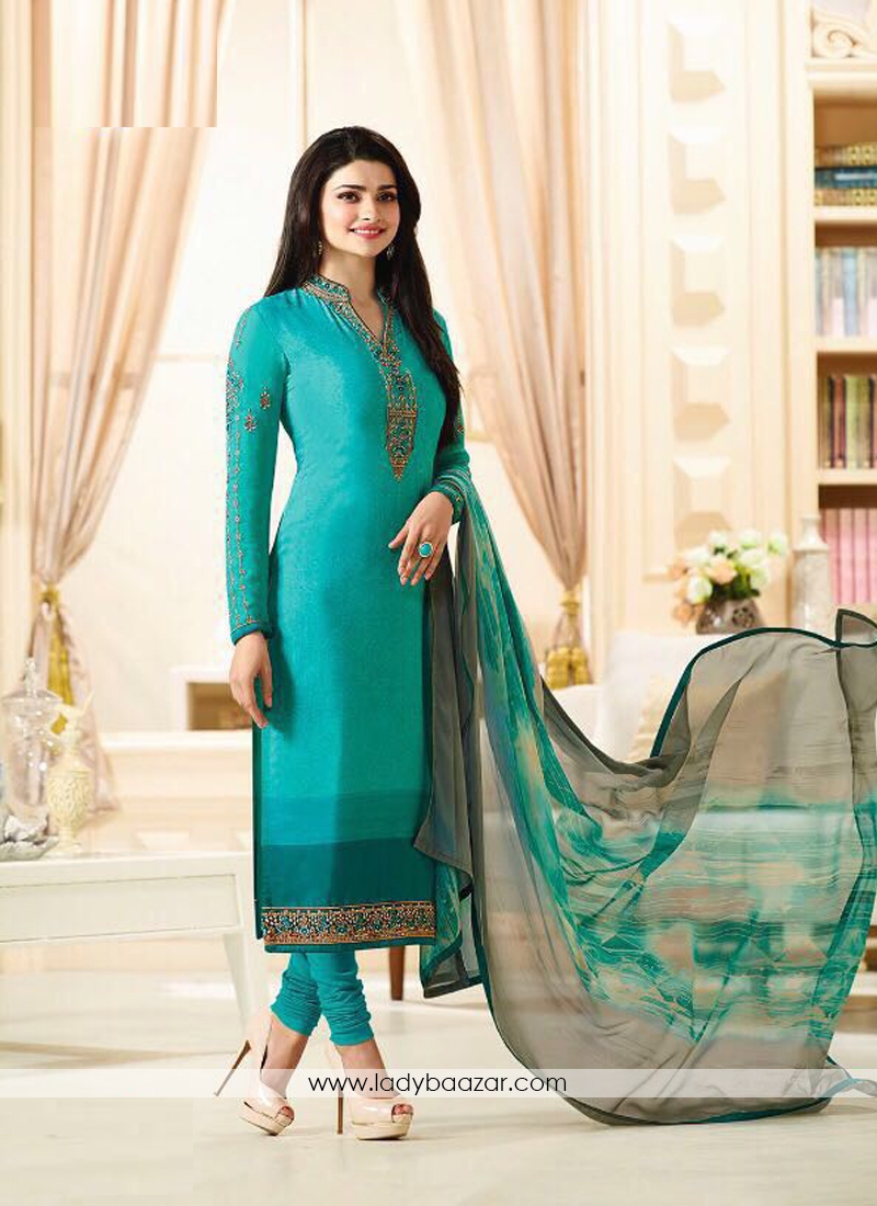 Titillating Embroidery Work Turquoise Churidar Suit