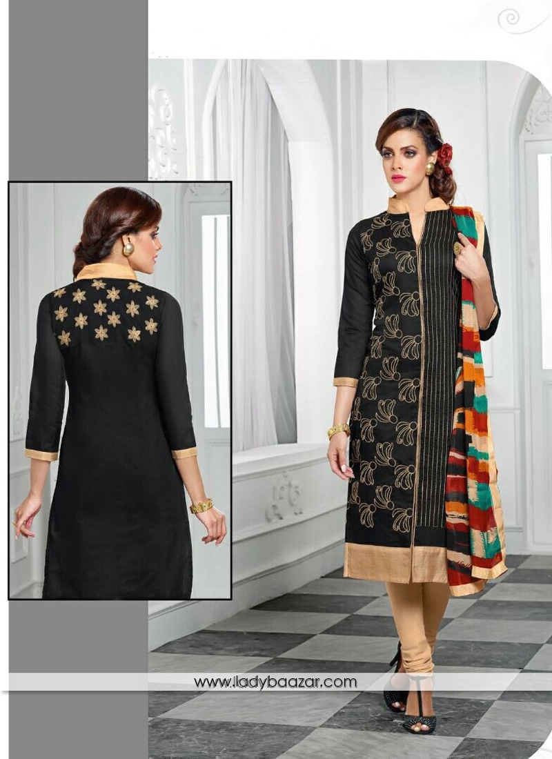 Transcendent Black Embroidered Work Cotton Designer Suit