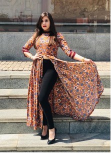 Transcendent Fancy Rayon Multi Colour Front Slit Designer Floor Length Kurti