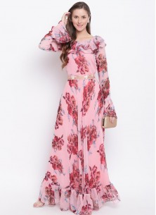 Trendy bell Sleeve Peach Floral Printed Faux Georgette Maxi Dress