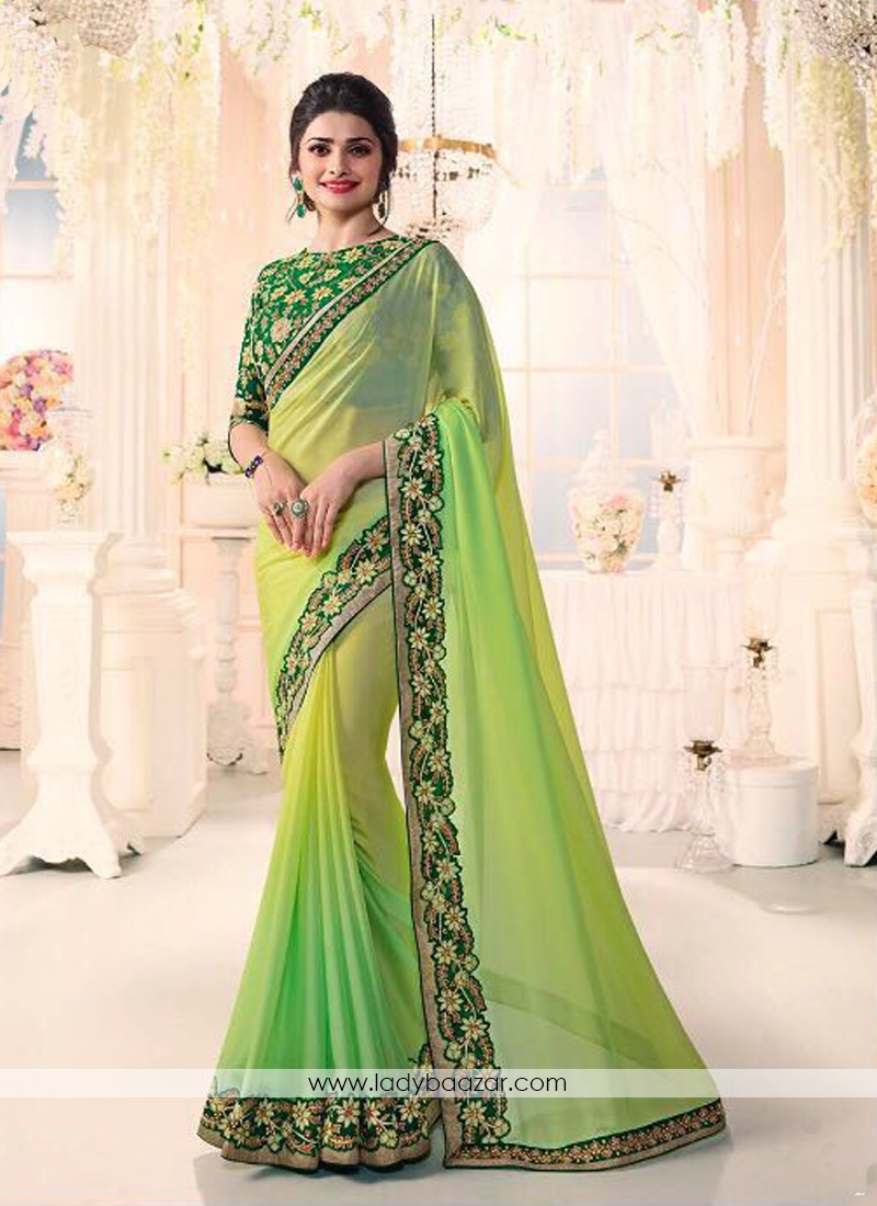 Trendy Chiffon Patch Border Work Designer Green Saree