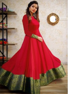 Trendy Red Colored Party Wear Jacquard pure cotton Gown